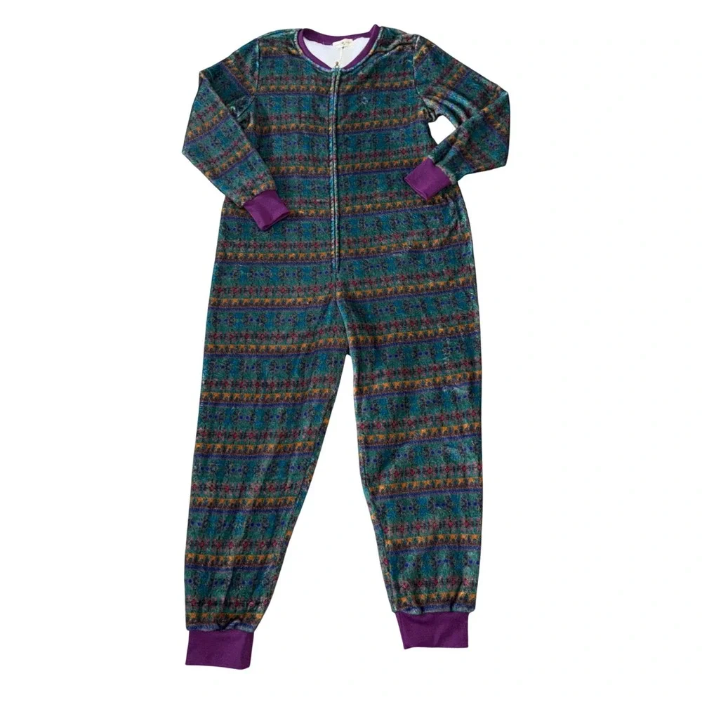 Natural Life Boho Fleece One Piece Pajama Jumpsuit Teal Print XS S - Picture 2 of 5